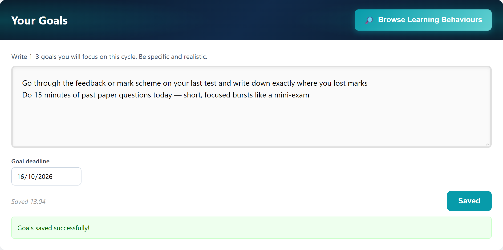 Fictional student goals in the portal